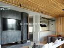 Modern living room with wooden ceiling and wall-mounted TV