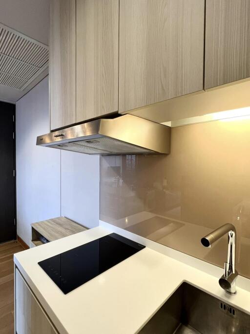 Modern kitchen with hood, stove, and sink