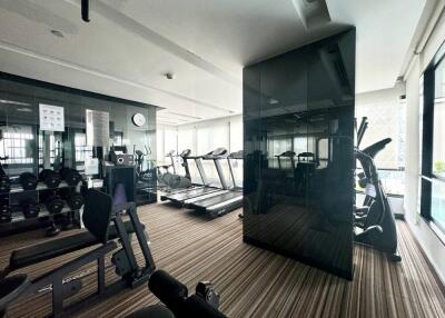 Well-equipped modern gym with treadmills, weight machines, and dumbbells