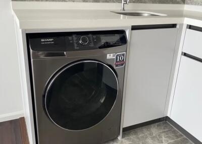 Modern kitchen with built-in washer and sleek countertop