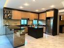 Modern kitchen with marble flooring and wooden cabinets