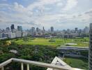 Aerial view of cityscape from a balcony