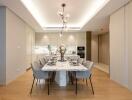 Modern dining room with marble table and elegant lighting