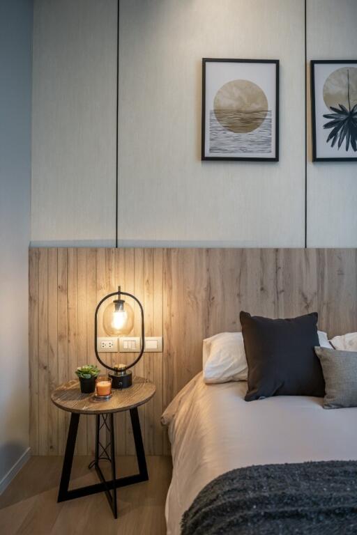 Modern bedroom with bedside table and lamp