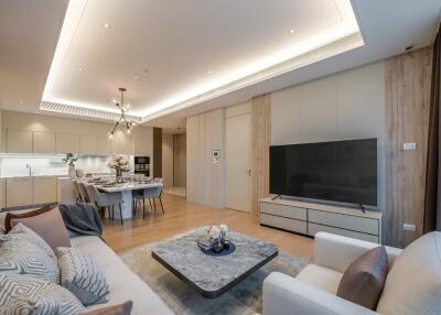 Modern living room with open kitchen