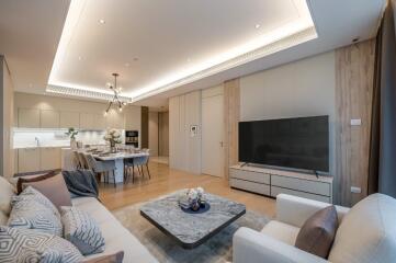 Modern living room with open kitchen