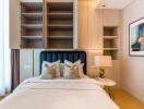 Modern bedroom with built-in storage and stylish decor