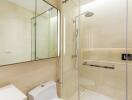 Modern bathroom with glass shower enclosure and large mirror