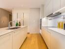 Modern kitchen with white cabinetry and island