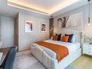 Modern bedroom interior with double bed, decorative pillows, and ambient lighting