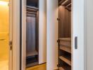 Well-lit closet with multiple shelves and drawers