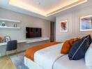 Modern bedroom with wall-mounted TV and decorative elements