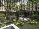 Modern courtyard with water features and pergolas