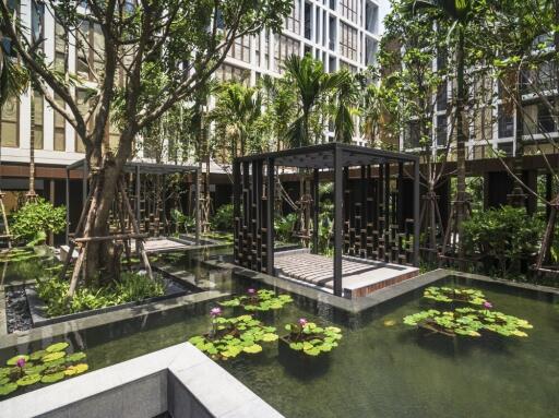 Modern courtyard with water features and pergolas