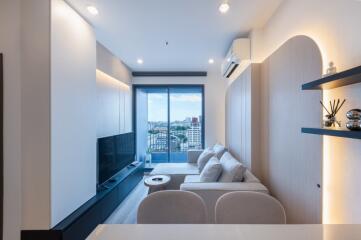 Modern living room with city views