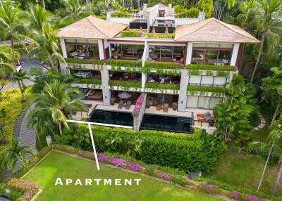 Aerial view of an apartment complex with balconies