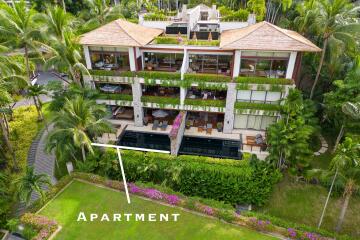 Aerial view of an apartment complex with balconies