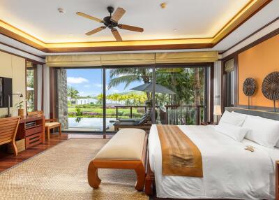 Spacious bedroom with king-size bed and balcony view