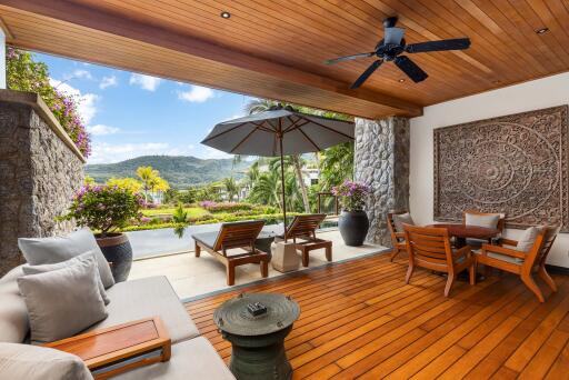 Spacious patio with outdoor furniture and scenic view