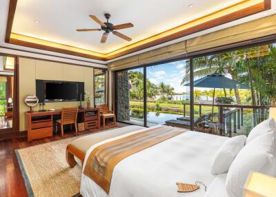 Spacious bedroom with a poolside view and outdoor access