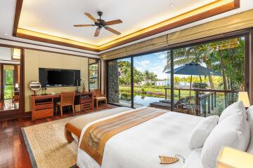 Spacious bedroom with a poolside view and outdoor access