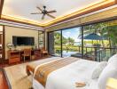 Spacious bedroom with a poolside view and outdoor access