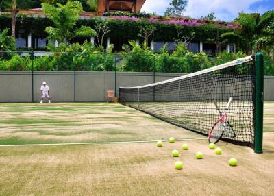 Tennis court with net, tennis balls, and a racket