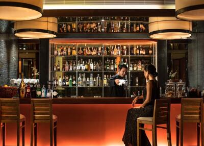 Modern, elegant bar area with various liquors and stylish seating