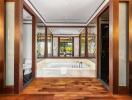 Modern luxurious bathroom with wooden accents