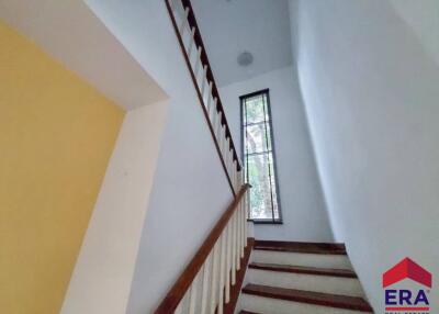 Indoor staircase with wooden handrail and vertical window