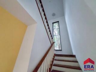 Indoor staircase with wooden handrail and vertical window