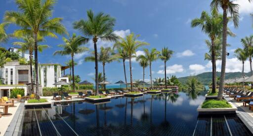 Luxury infinity pool surrounded by palm trees and lounge chairs with mountain view