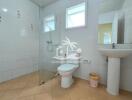 Modern bathroom with shower and white tiles