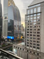 View of city buildings from a high floor