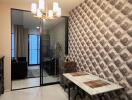 Modern dining area with patterned wallpaper and glass partition