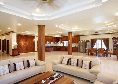 Spacious living area with sofas, dining table, and kitchen