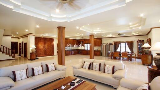 Spacious living area with sofas, dining table, and kitchen