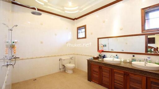 Modern bathroom with double sinks and walk-in shower