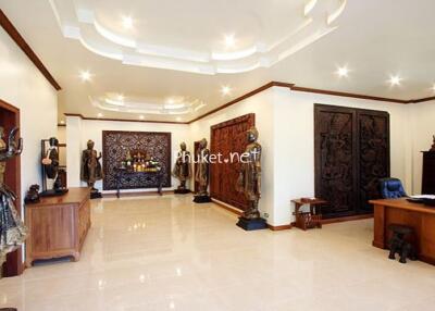 Spacious and elegantly decorated living room with ornamental statues and wooden furnishings