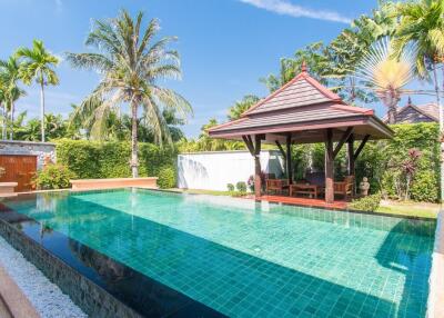 Backyard with swimming pool and gazebo