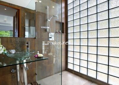 Modern bathroom with glass shower and glass sink