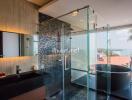 Luxurious bathroom with glass shower and scenic view