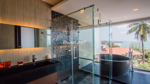 Luxurious bathroom with glass shower and scenic view