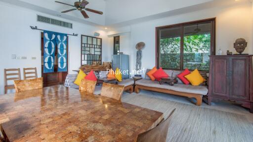 Living room with wooden furniture and colorful pillows