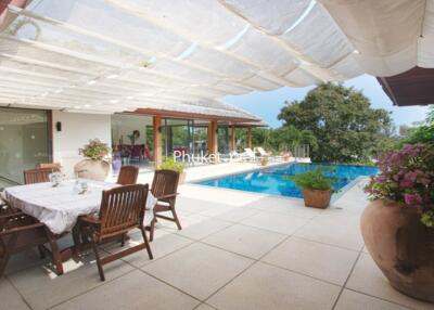 Spacious outdoor patio with dining area and pool