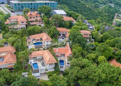 Aerial view of a residential area with multiple villas and houses surrounded by lush greenery and trees.
