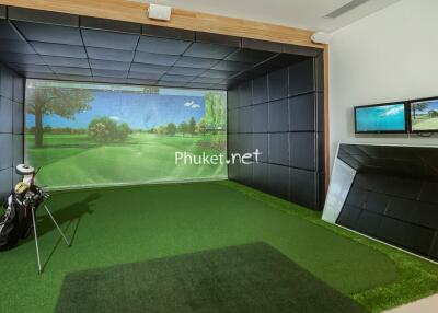 Indoor golf simulator room with lush green carpet and advanced technology