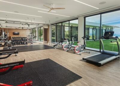 Modern home gym with large windows and garden view