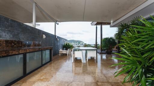 Spacious outdoor area with dining table and plants