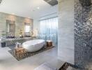 Modern bathroom with freestanding tub and walk-in shower